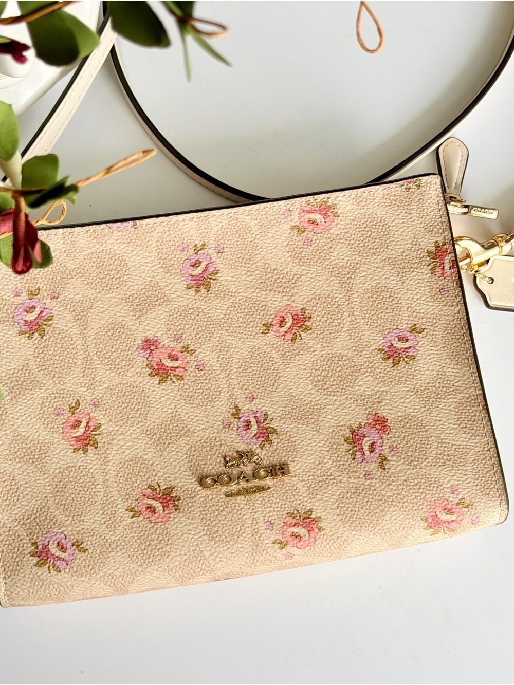 Coach Cream Leather Crossbody with Pink Floral Print